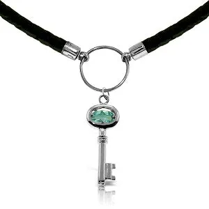 0.5 Carat 14K Solid White Gold Leather Key Necklace Blue Topaz