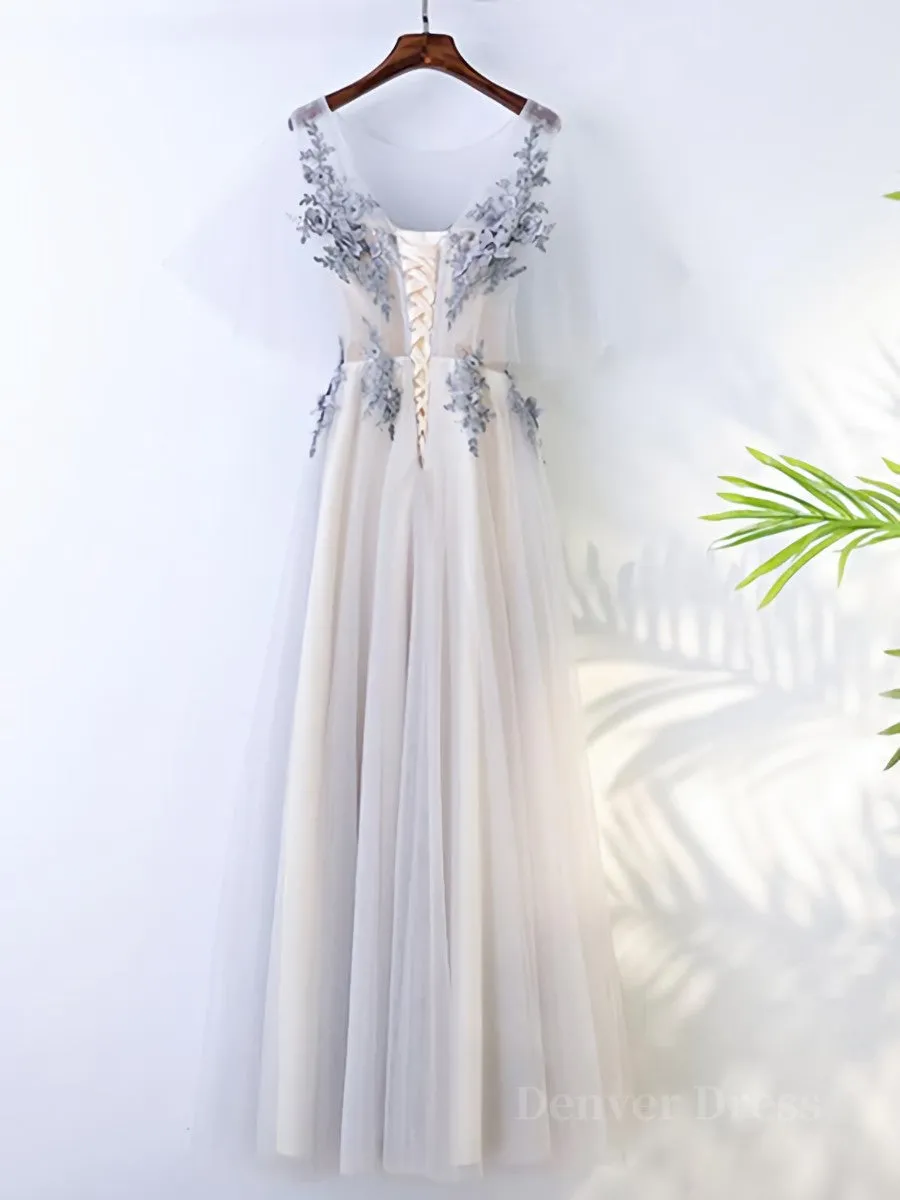 A Line Round Neck Half Sleeves Gray Lace Prom Dresses Gray Floral Long Formal Evening Dresses