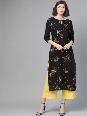 Adults-Women Black & Gold Cotton Straight Floral Printed Kurta