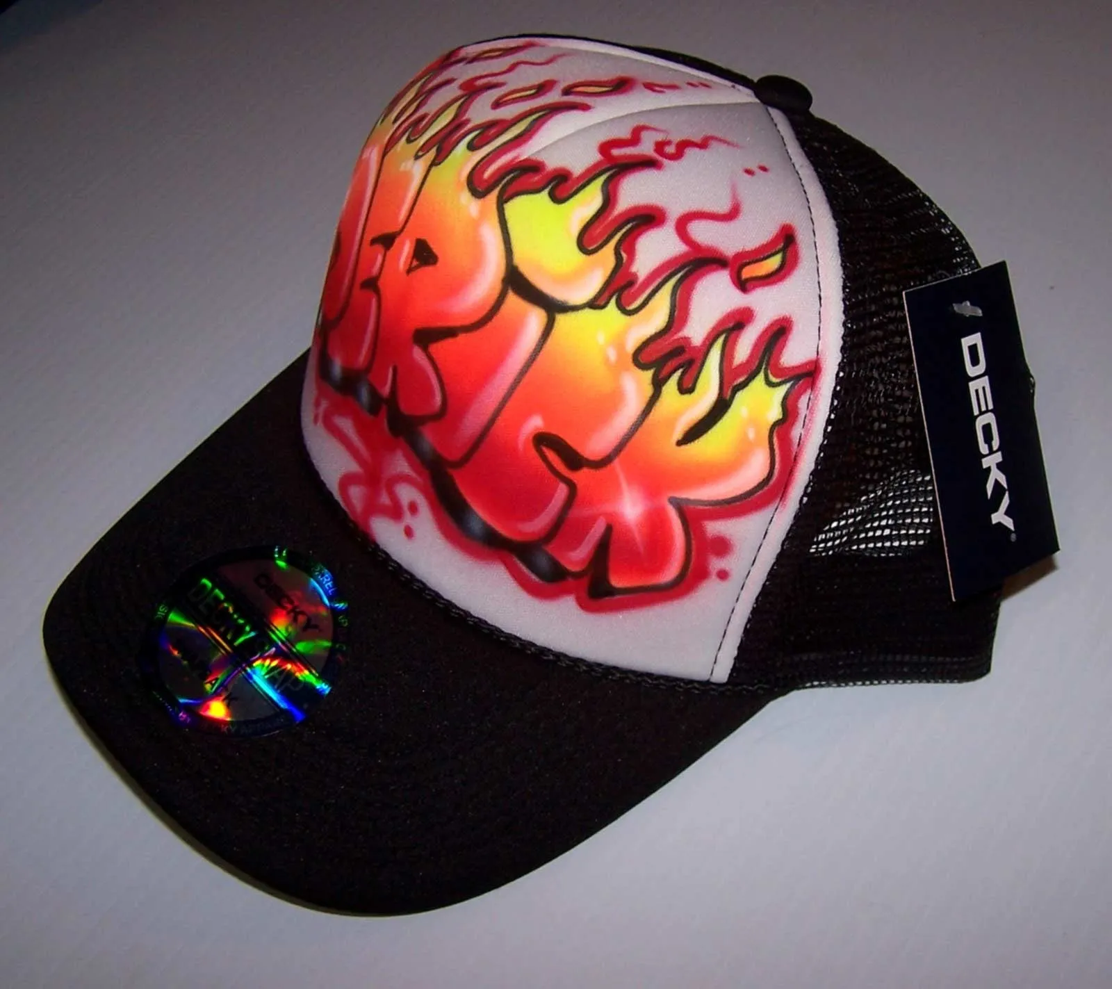 Airbrushed Flame Letter Personalized Snap Back Trucker Hat