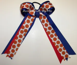 Basketball Red Blue Ponytail Holder Bow