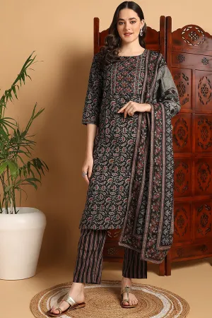 Black Pure Cotton Floral Printed Suit Set