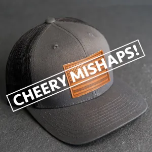 Cheery Mishaps - Leather Patch Trucker Style Hats - 30  Stamp Design Options