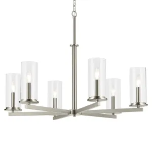 Crosby 32" 6-Light Chandelier 1-Tier with Clear Glass, Brushed Nickel Finish