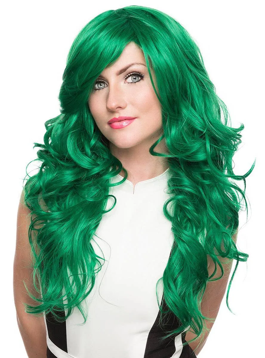 Emerald Jade Green Long Curly Heat Resistant Womens Fashion Wig