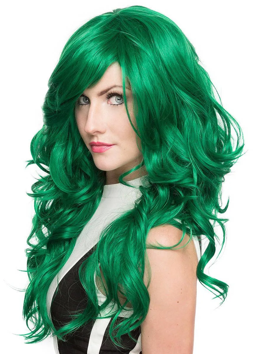 Emerald Jade Green Long Curly Heat Resistant Womens Fashion Wig