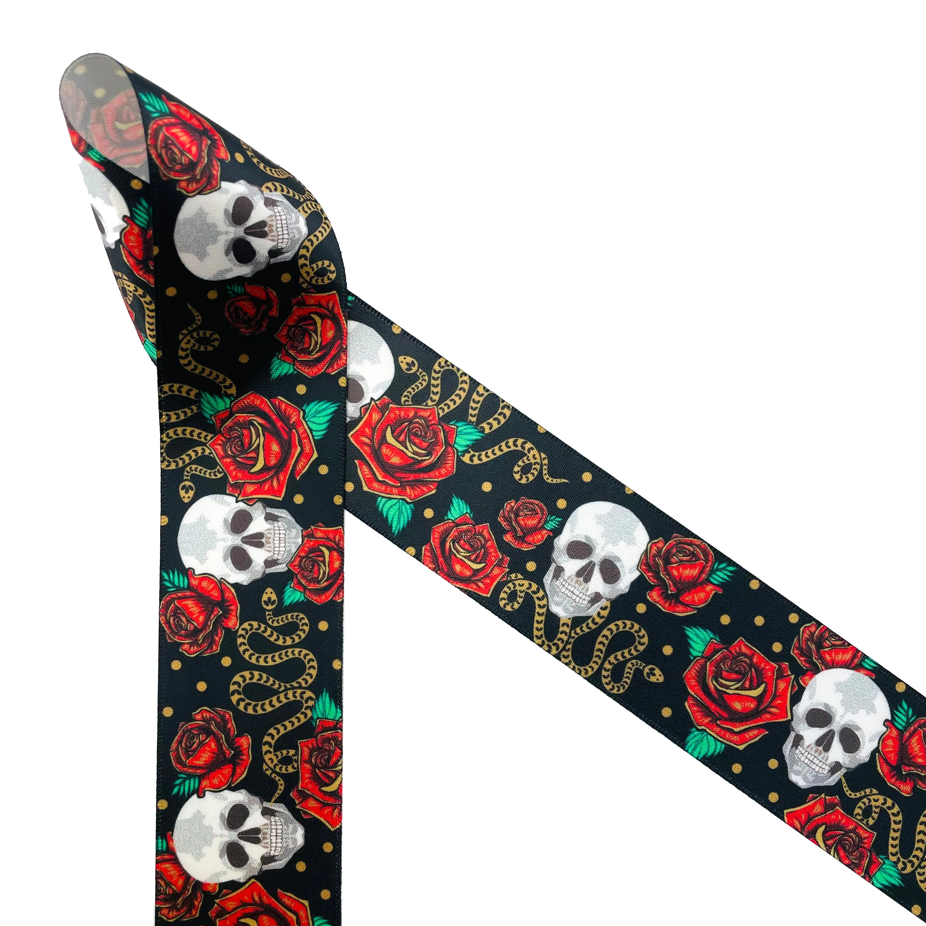 Gothic ribbon skulls, snakes and roses , Goth design, printed on 7/8" and  1.5" white single face satin