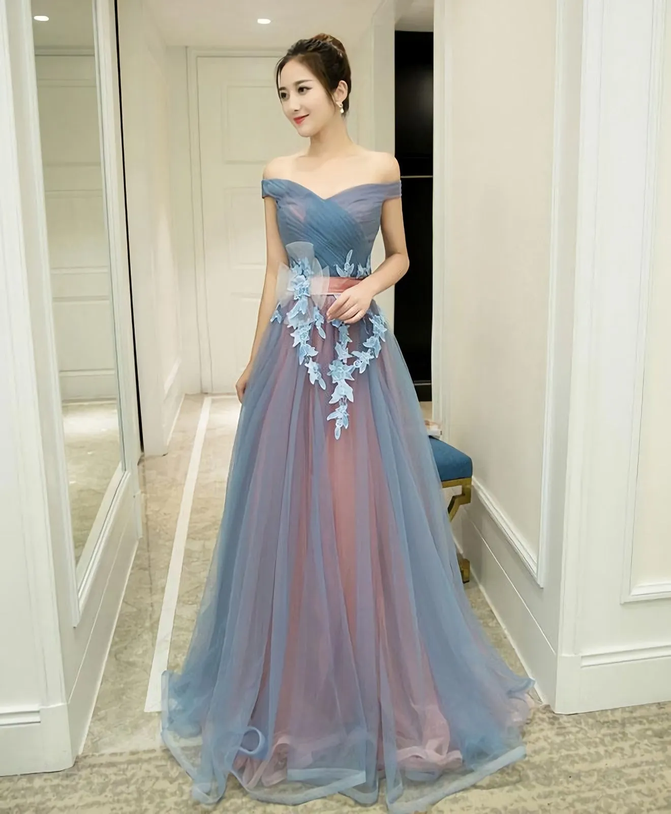 Gray Blue Tulle Off Shoulder Long Prom Dress Gray Blue Evening Dress