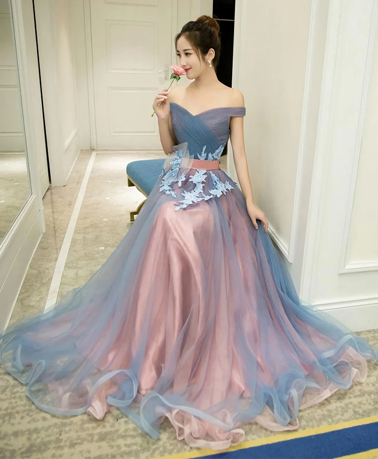 Gray Blue Tulle Off Shoulder Long Prom Dress Gray Blue Evening Dress