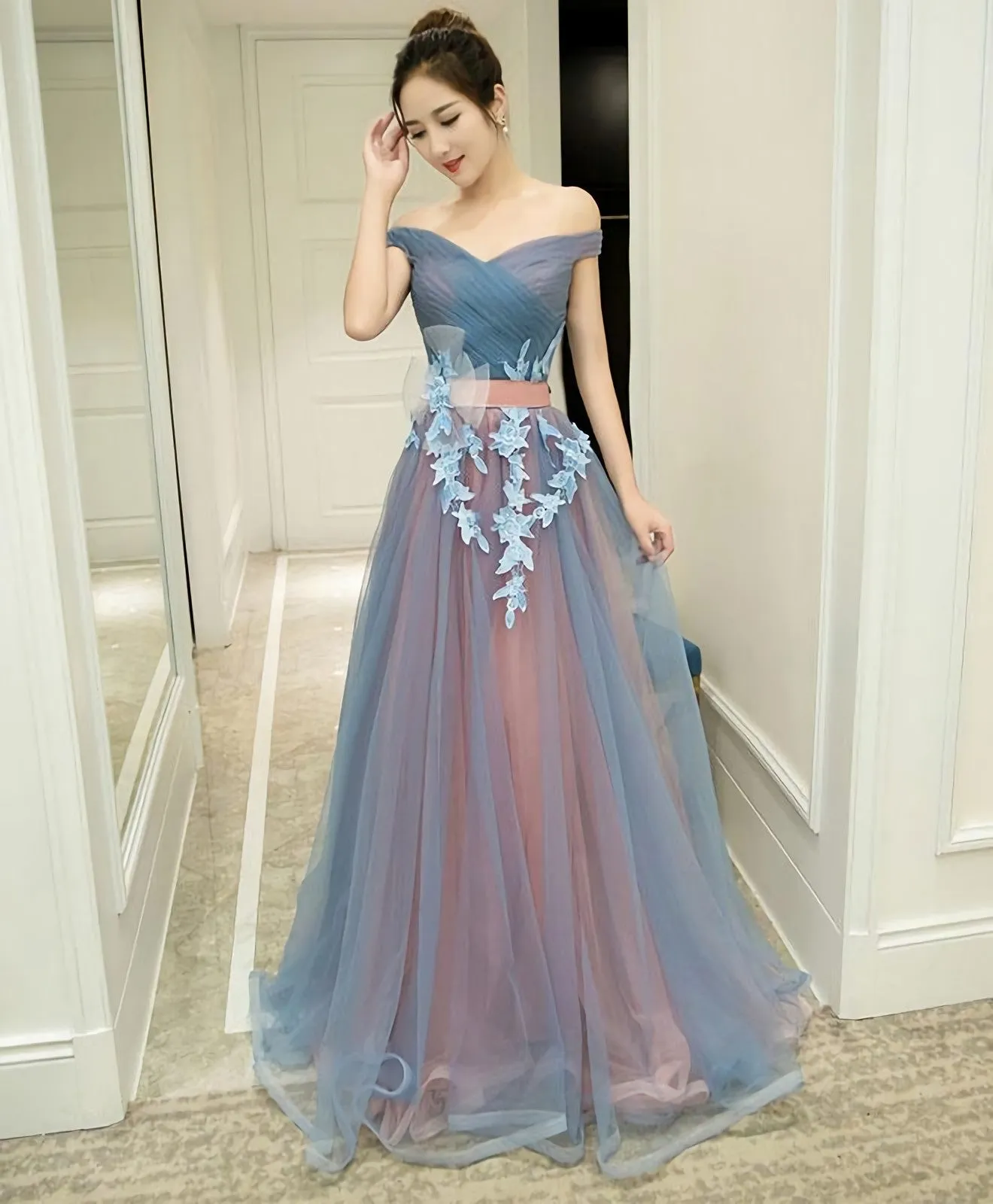 Gray Blue Tulle Off Shoulder Long Prom Dress Gray Blue Evening Dress