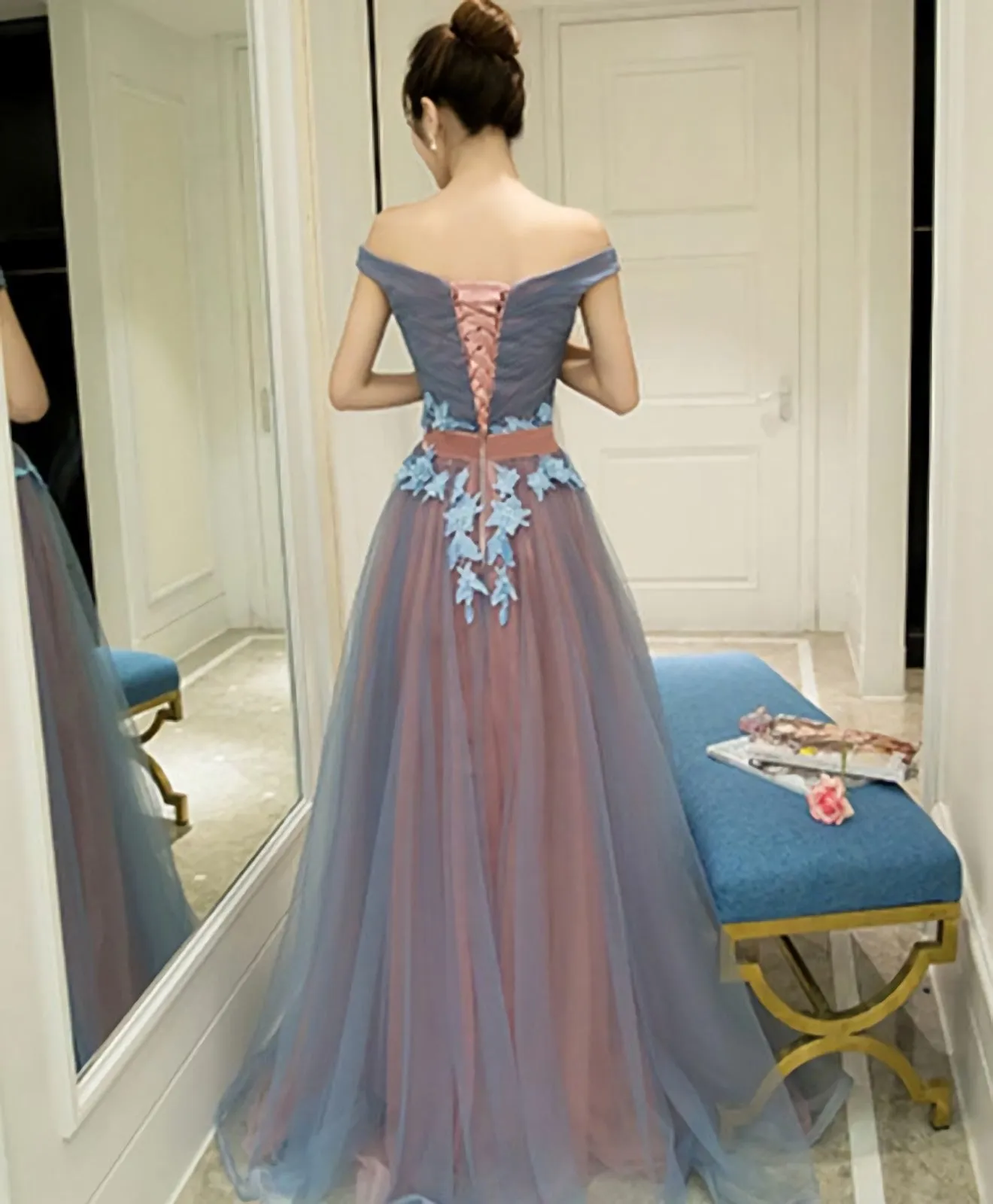 Gray Blue Tulle Off Shoulder Long Prom Dress Gray Blue Evening Dress