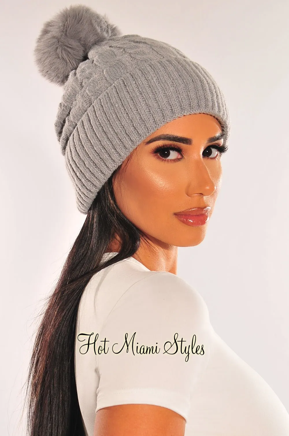 Gray Cable Knit Pom Beanie