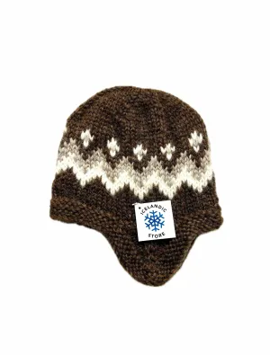 Handknit Wool Hat with ear flaps - Brown & White