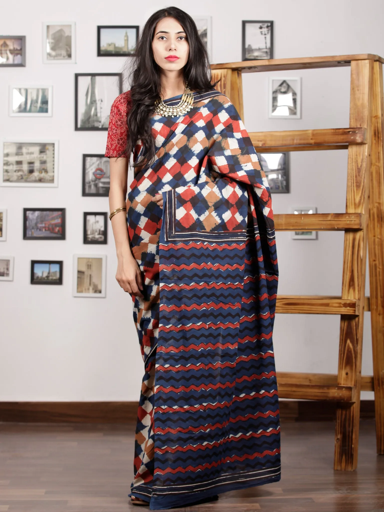 Indigo Brown Red White Hand Block Printed Cotton Mul Saree - S031703007