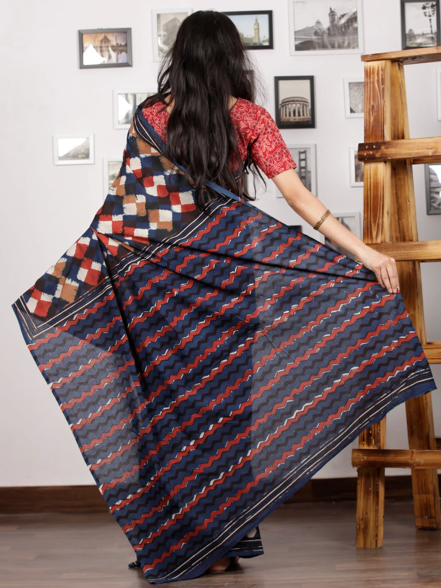 Indigo Brown Red White Hand Block Printed Cotton Mul Saree - S031703007