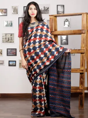 Indigo Brown Red White Hand Block Printed Cotton Mul Saree - S031703007