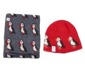 Kidka wool red hat and blue scarf with puffin pattern