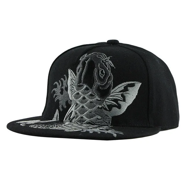 Koi Fish Embroidery Street Style Snapback Hip Hop Cap