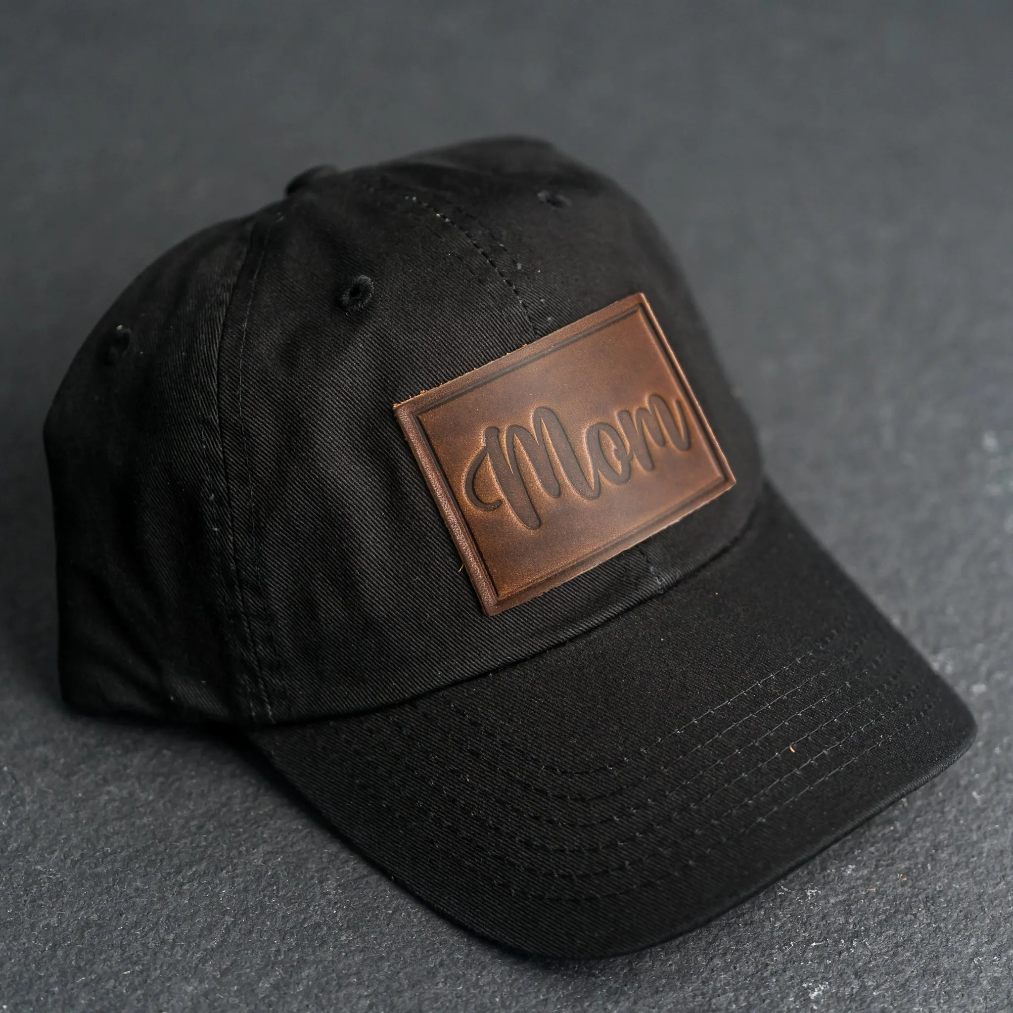 Leather Patch Unstructured Style Hat - Mom Cursive Stamp