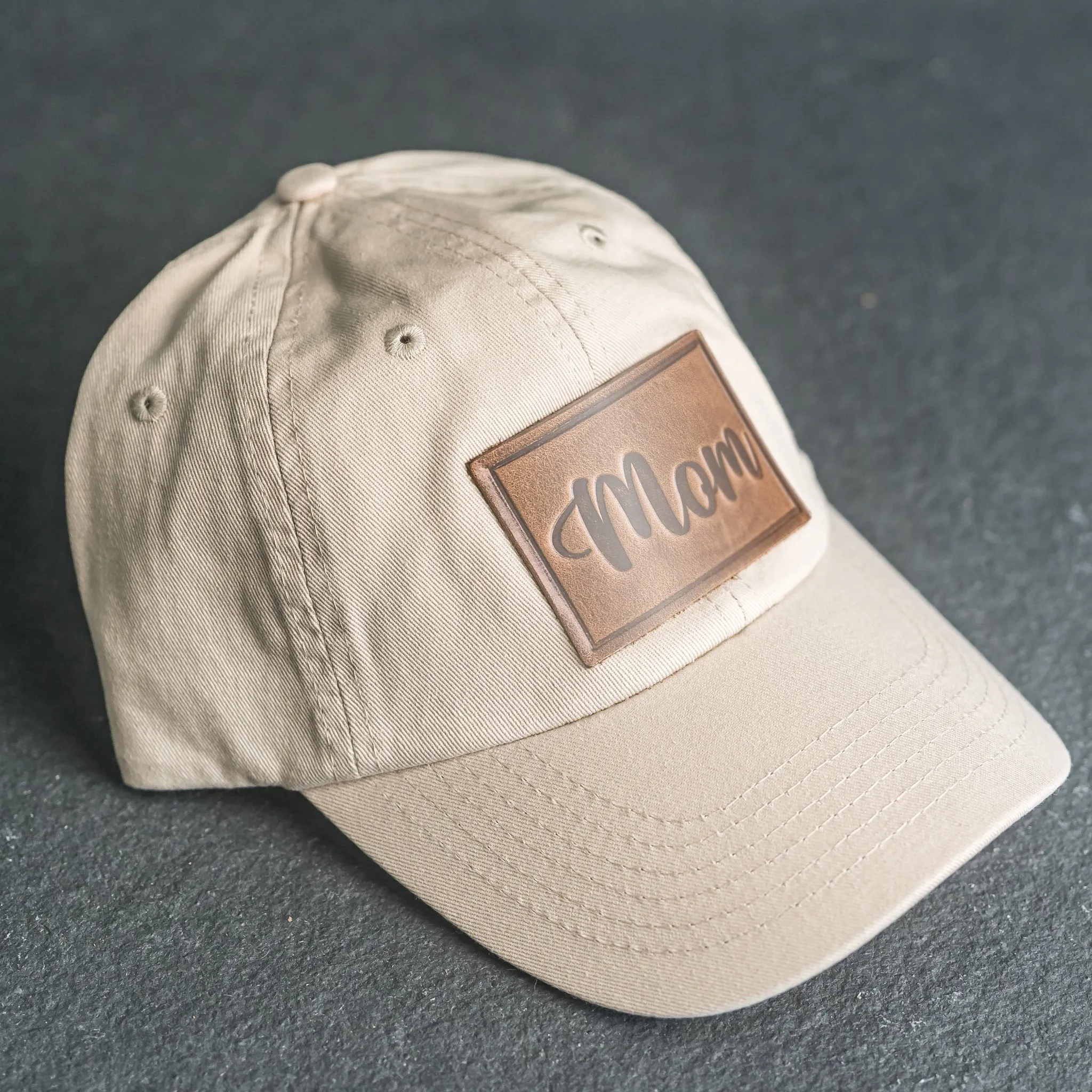 Leather Patch Unstructured Style Hat - Mom Cursive Stamp