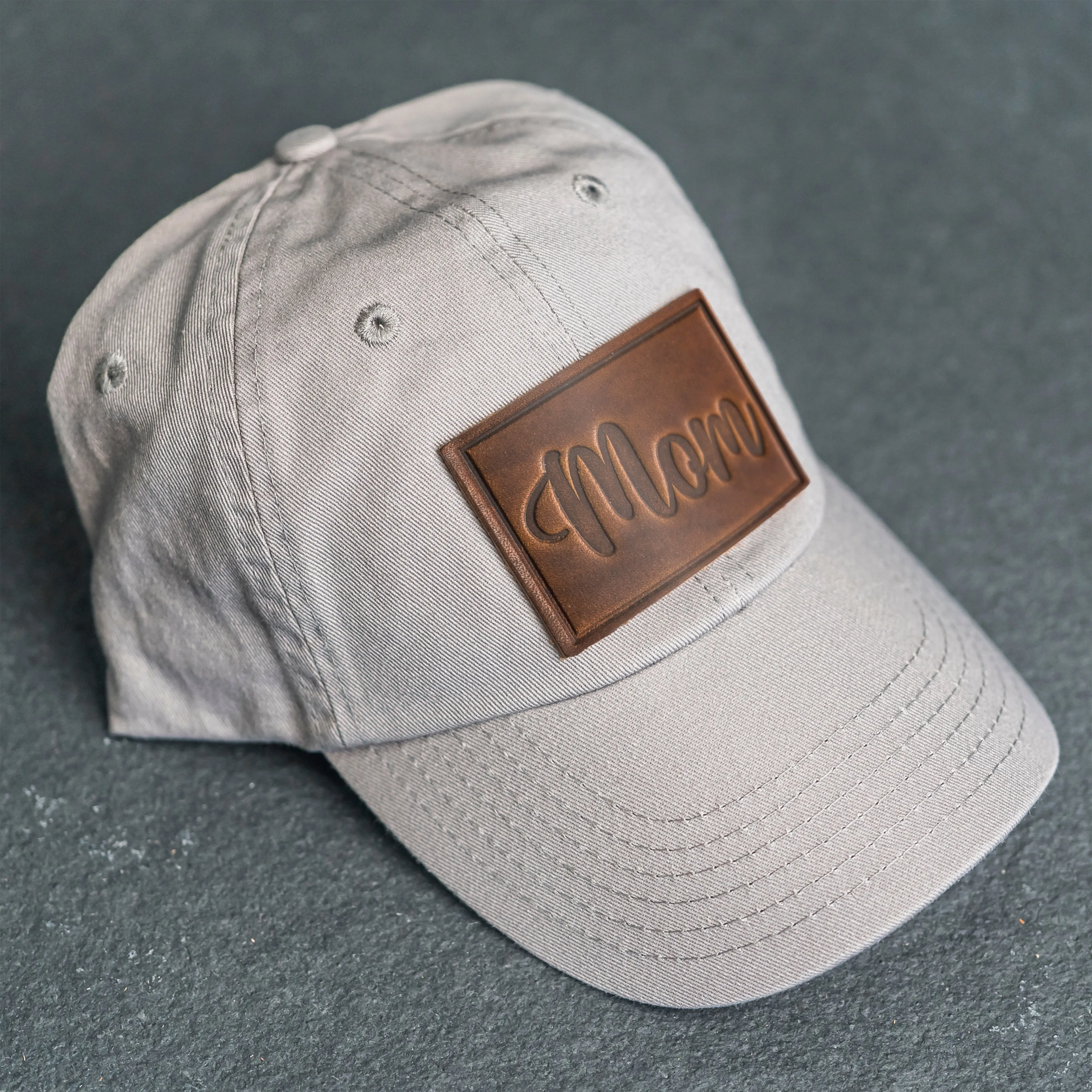 Leather Patch Unstructured Style Hat - Mom Cursive Stamp