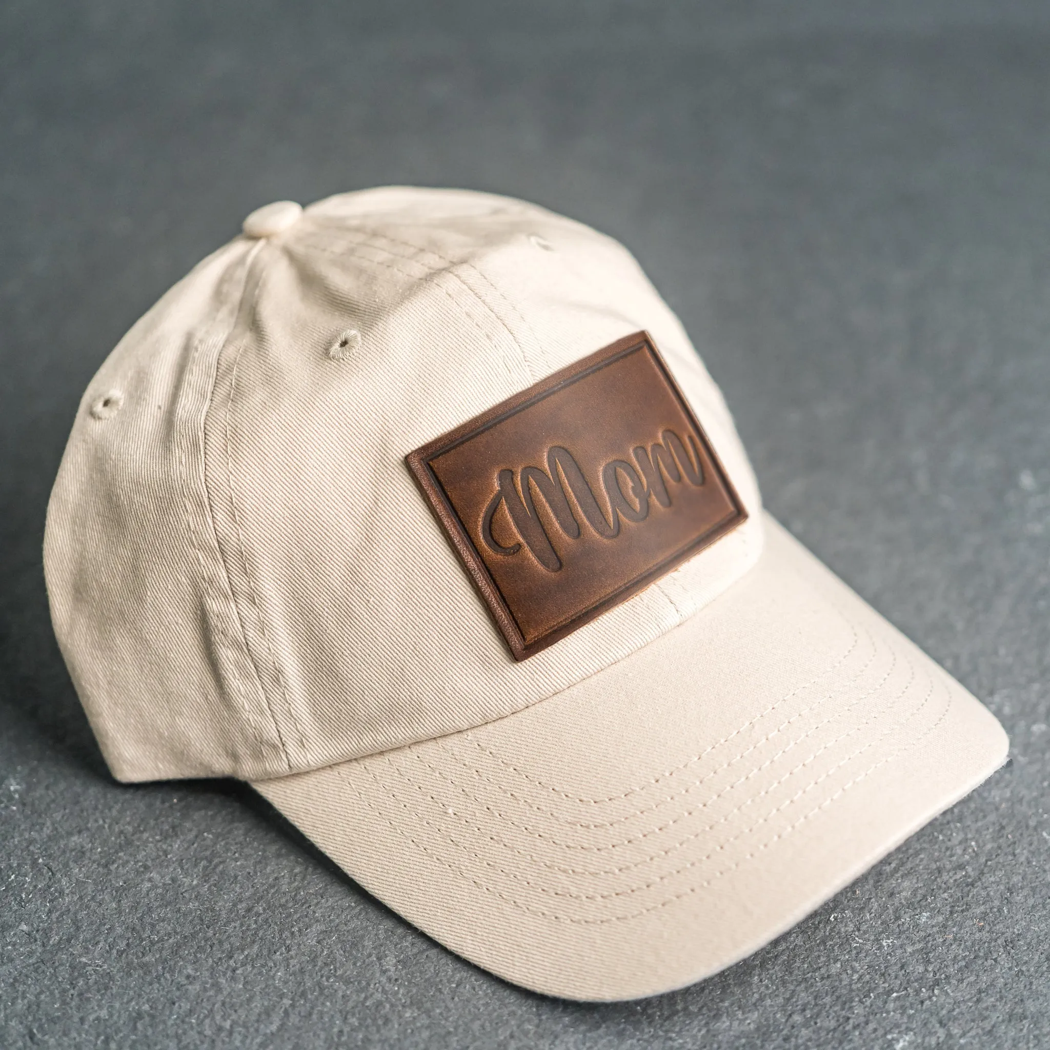 Leather Patch Unstructured Style Hat - Mom Cursive Stamp