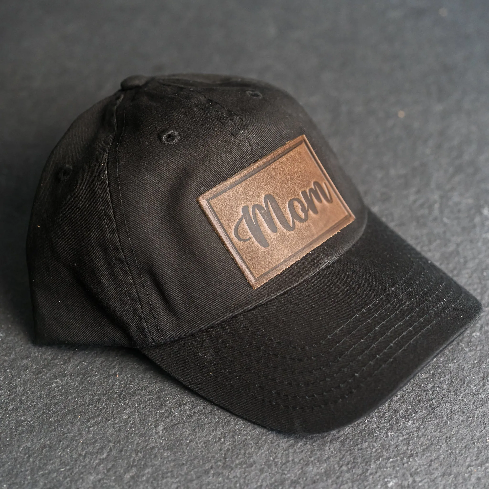 Leather Patch Unstructured Style Hat - Mom Cursive Stamp