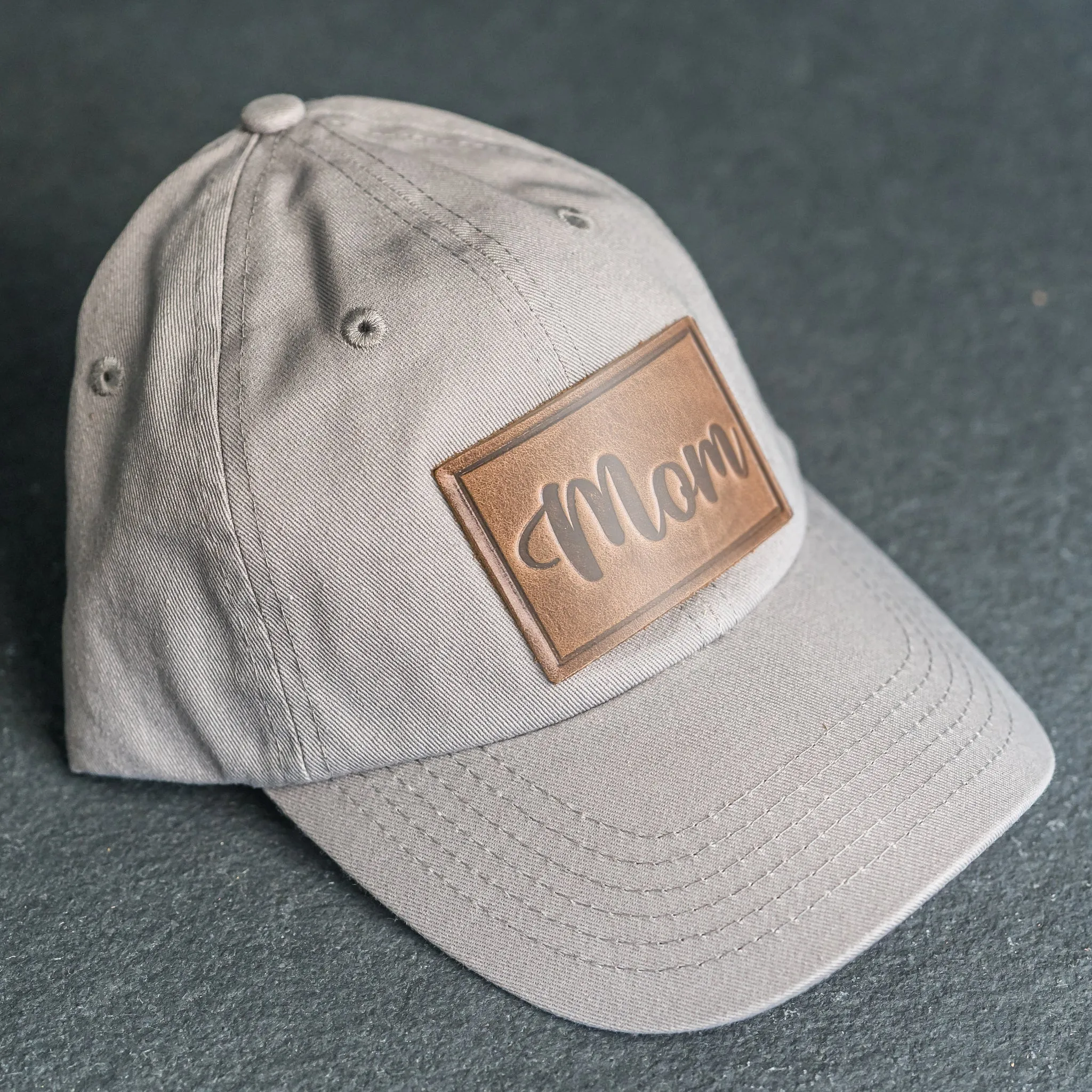 Leather Patch Unstructured Style Hat - Mom Cursive Stamp