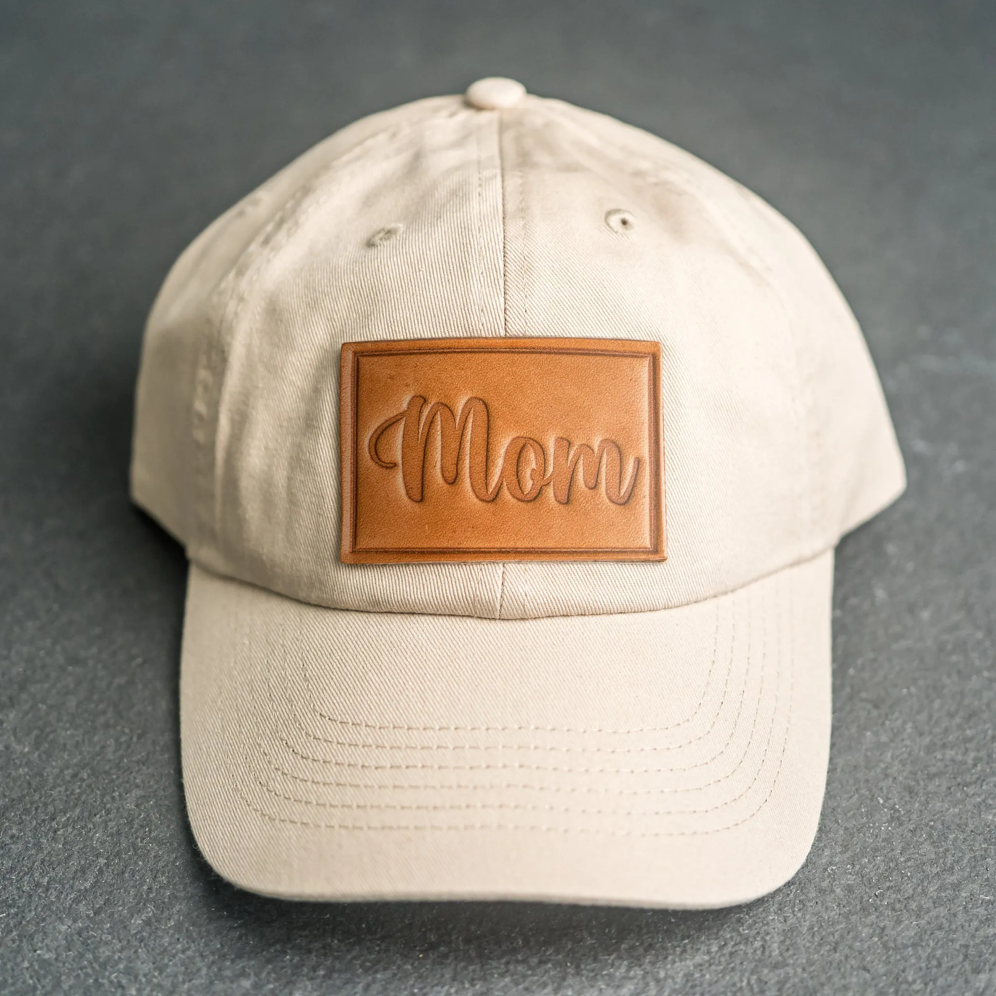 Leather Patch Unstructured Style Hat - Mom Cursive Stamp