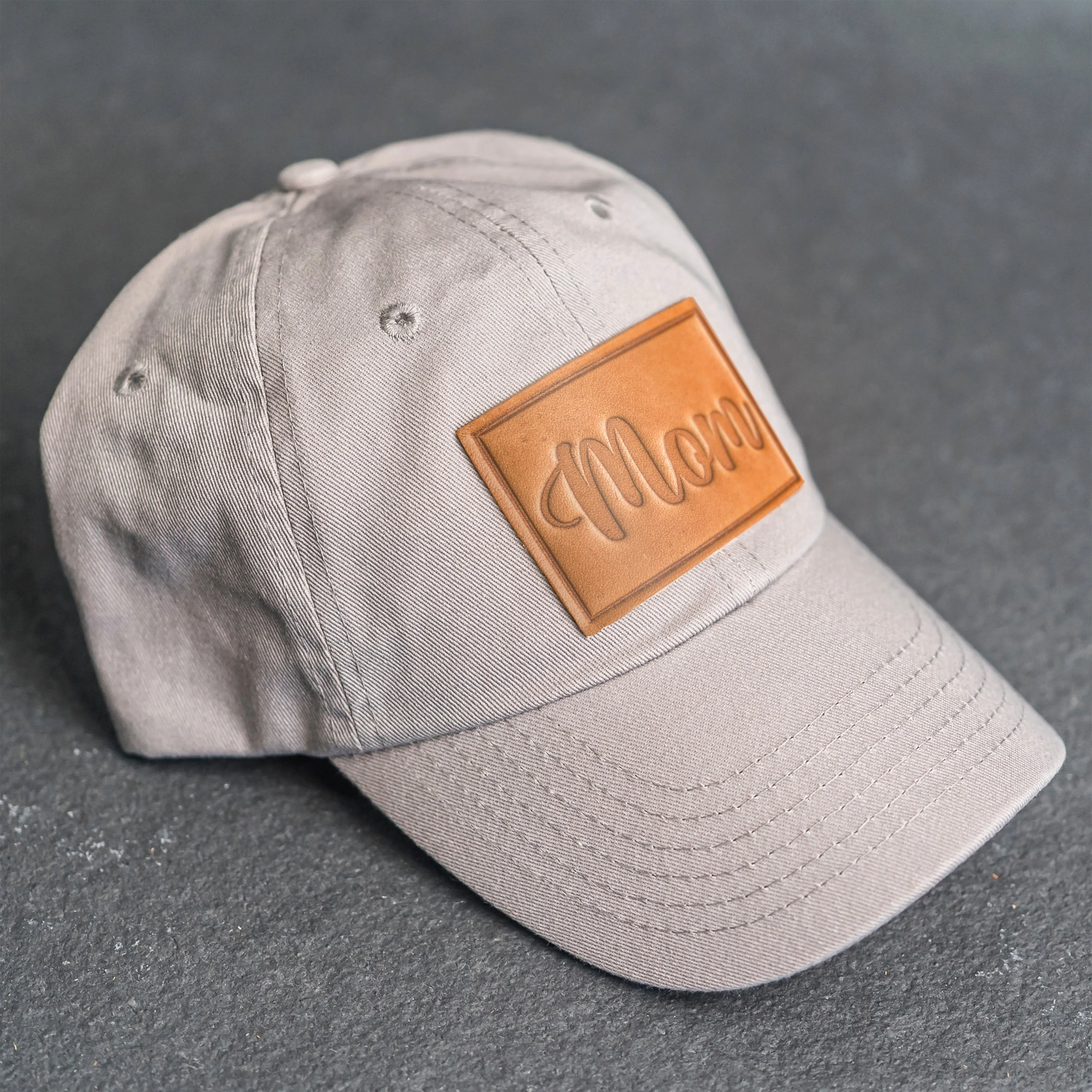 Leather Patch Unstructured Style Hat - Mom Cursive Stamp