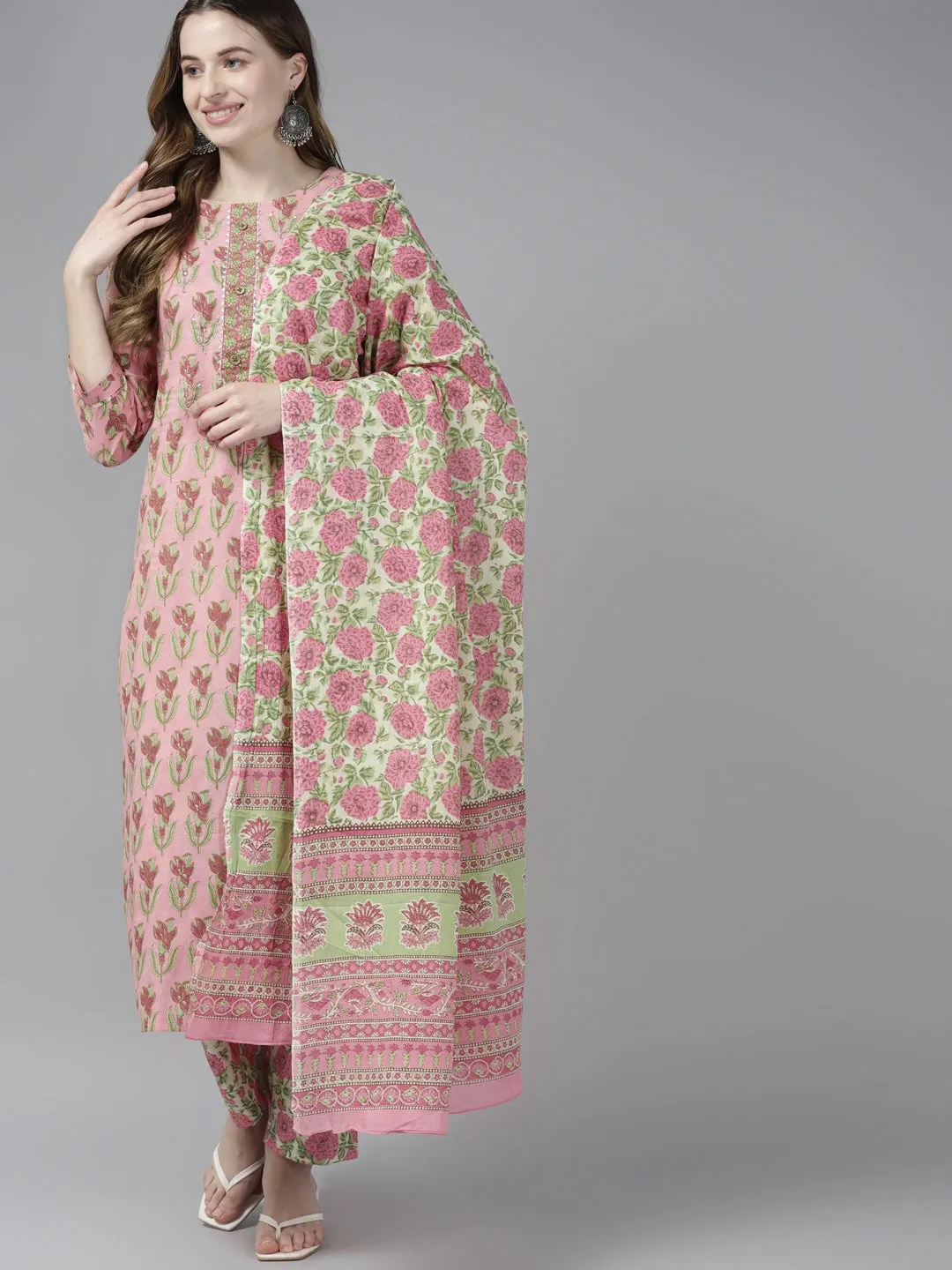 Pink & Green Floral Printed Dupatta Set