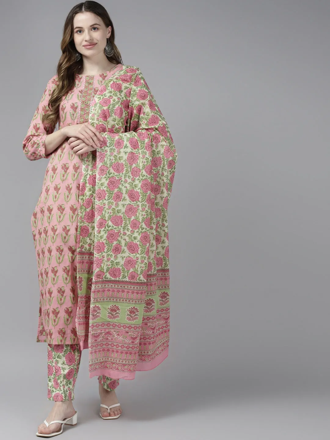 Pink & Green Floral Printed Dupatta Set