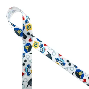 Police Car ribbon with hats, cars sunglasses, and handcuffs  printed on 5/8" white satin