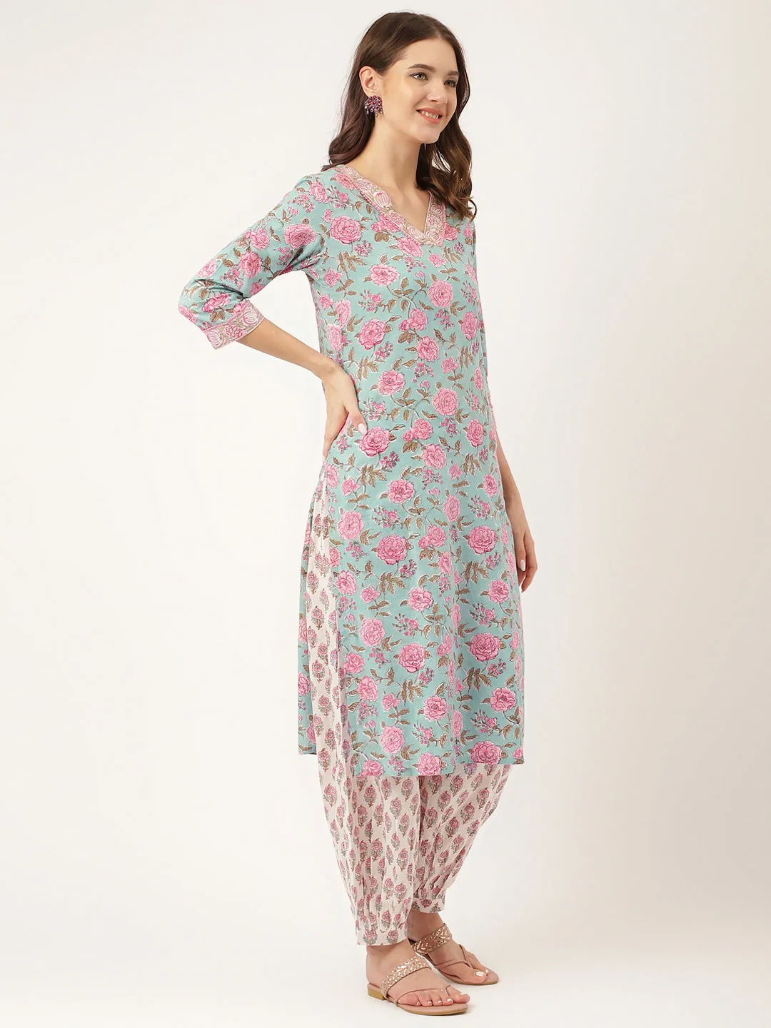 Sea Green Hand Block Floral Print Cotton  Kurta, Salwar With Dupatta