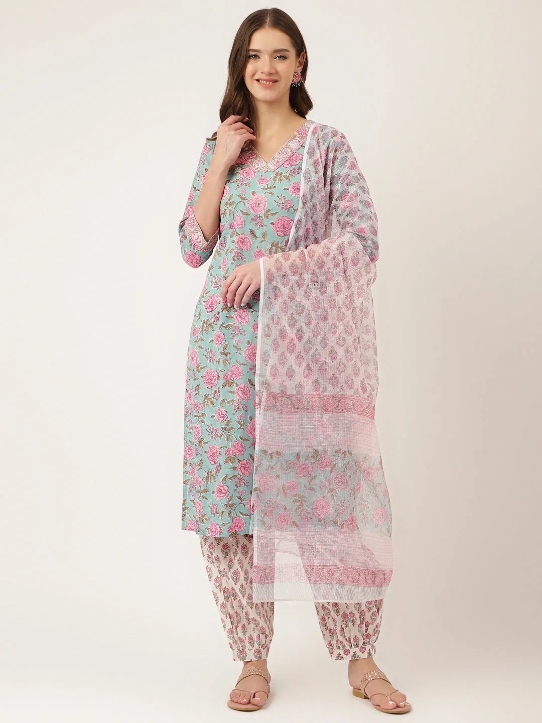 Sea Green Hand Block Floral Print Cotton  Kurta, Salwar With Dupatta