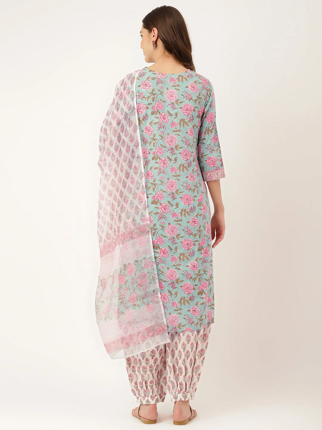 Sea Green Hand Block Floral Print Cotton  Kurta, Salwar With Dupatta