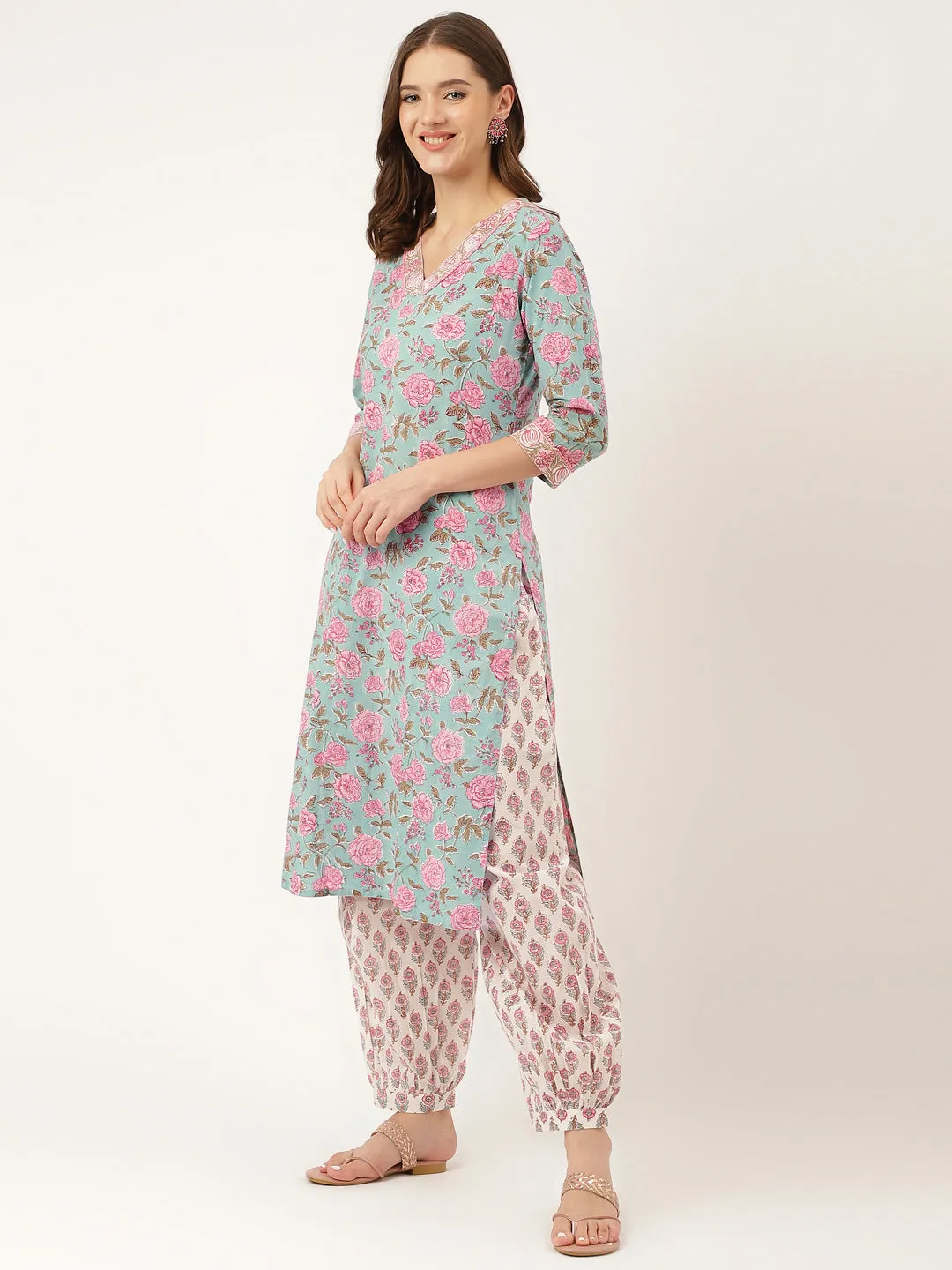 Sea Green Hand Block Floral Print Cotton  Kurta, Salwar With Dupatta