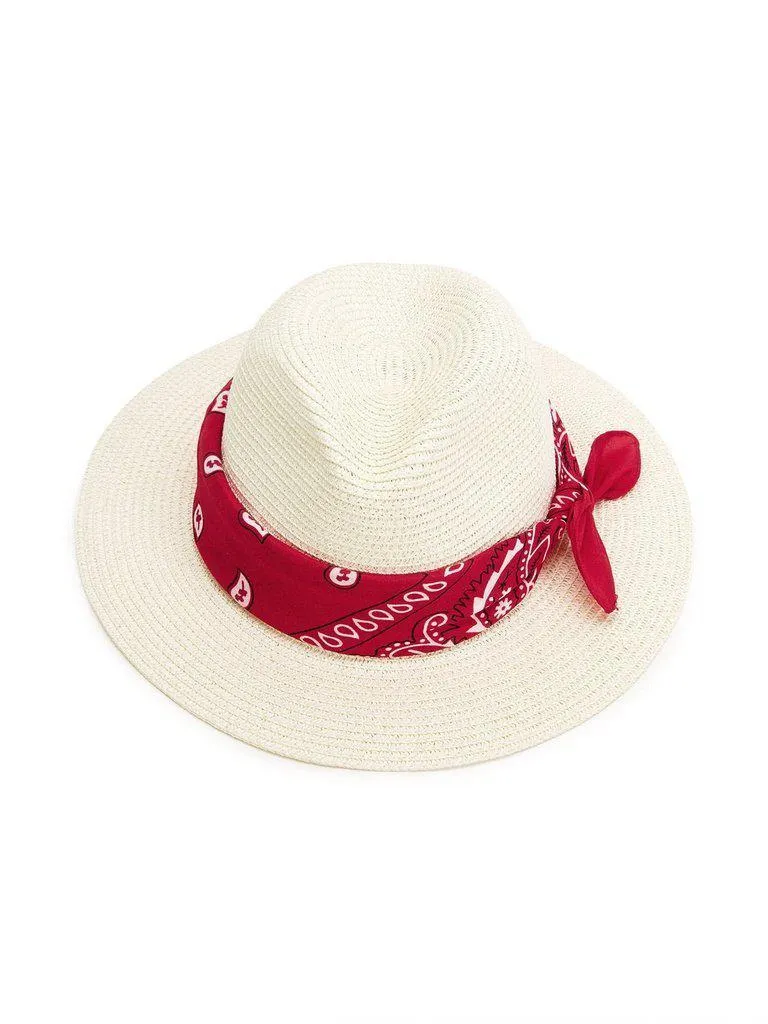 Straw Fedora Hat With Scarf