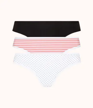 The Cotton Thong Bundle - Print: Mini Polka/Coral Stripe/Jet Black