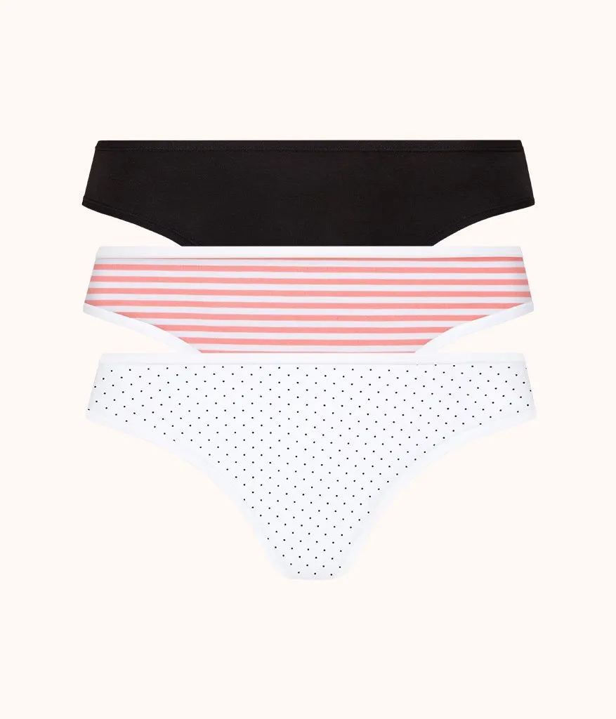 The Cotton Thong Bundle - Print: Mini Polka/Coral Stripe/Jet Black