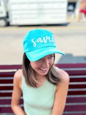 White Saved Embroidery on Turquoise Hat