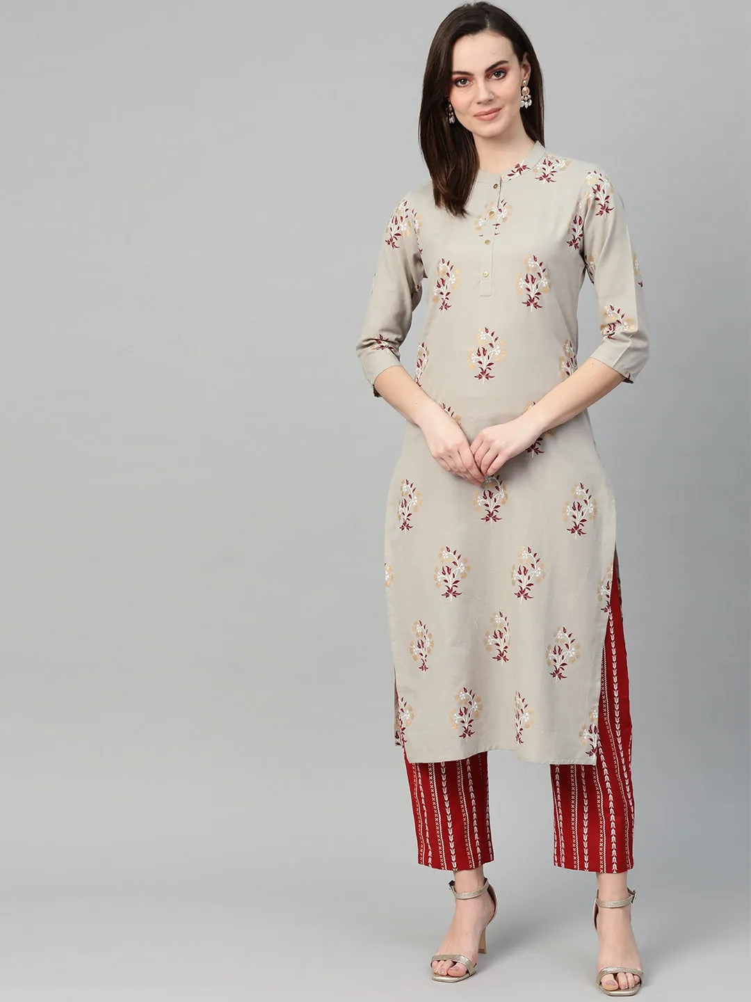 Women Grey & Red Printed Kurta Set