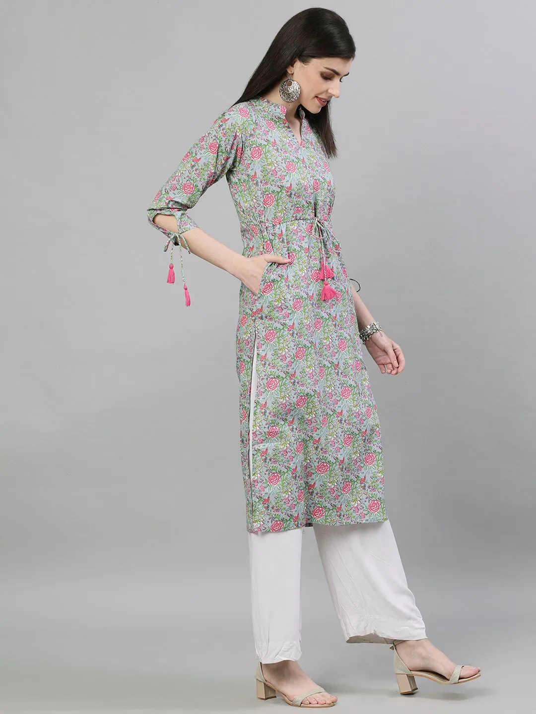 Women Light Grey Calf Length Three-Quarter Sleeves A-Line Floral Printed Cotton Kurta