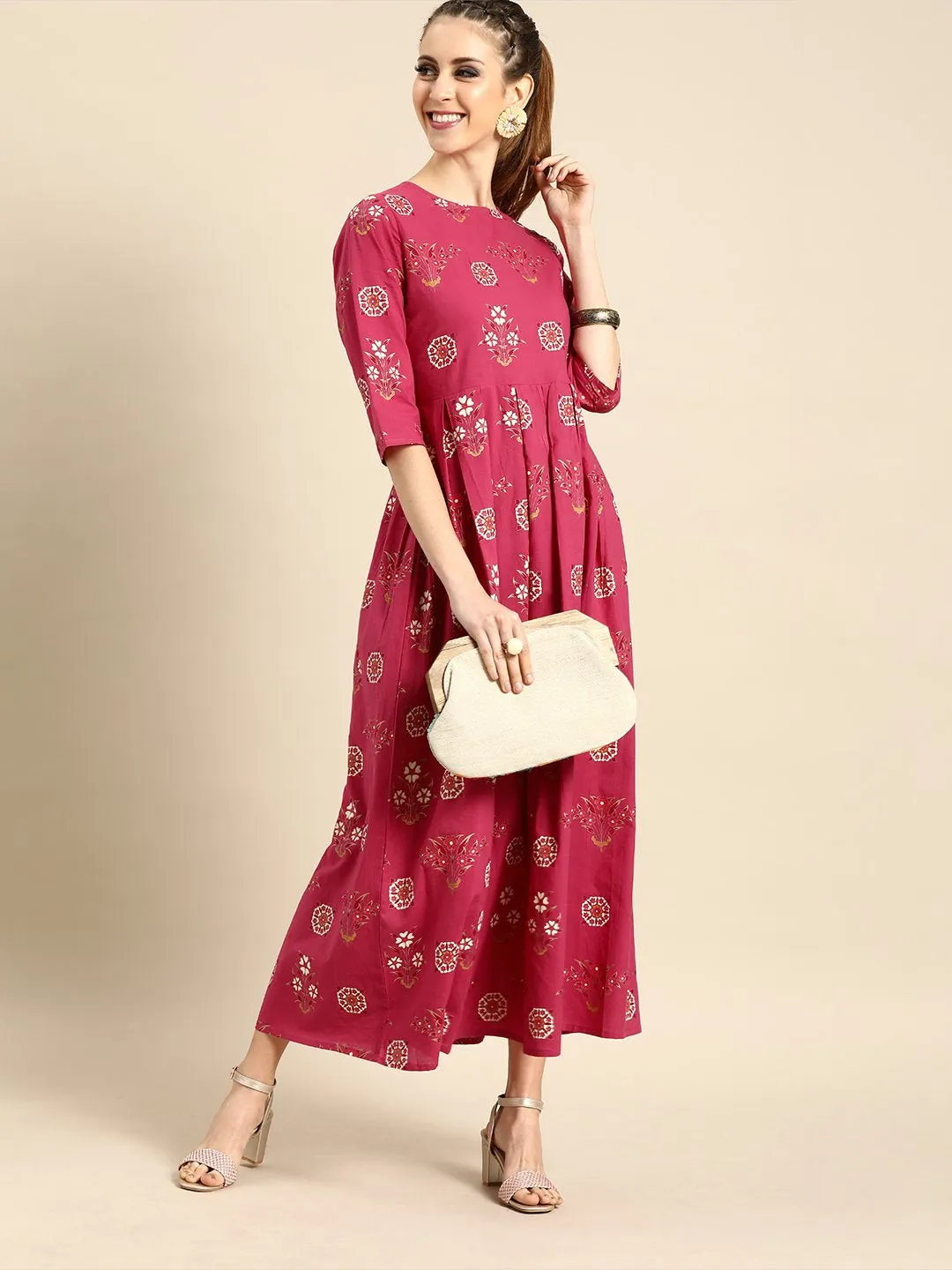 Women Magenta Floral Printed Round Neck A-Line Dress