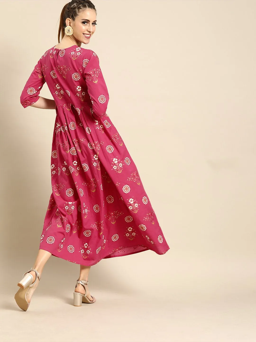 Women Magenta Floral Printed Round Neck A-Line Dress