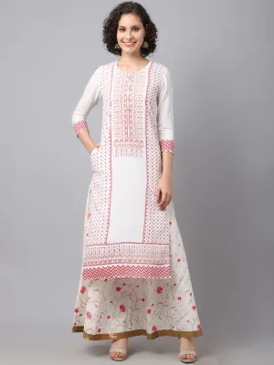 Women Off White Geometric Embroidered Thread Work Kurta And Printed Skirt