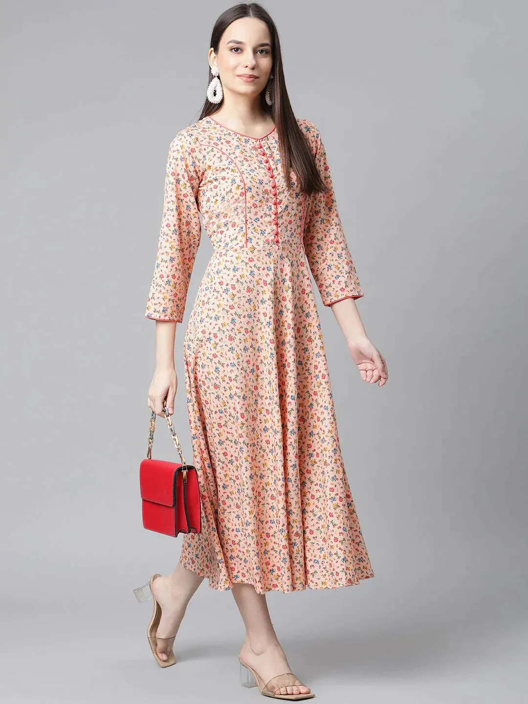 Women Orange & Blue Floral Printed Floral Kurta