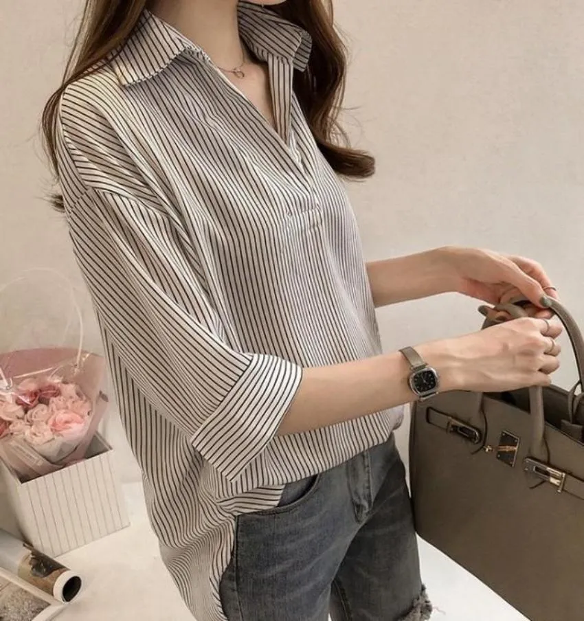 Womens V Neck Stripe Quarter Sleeve Shirt